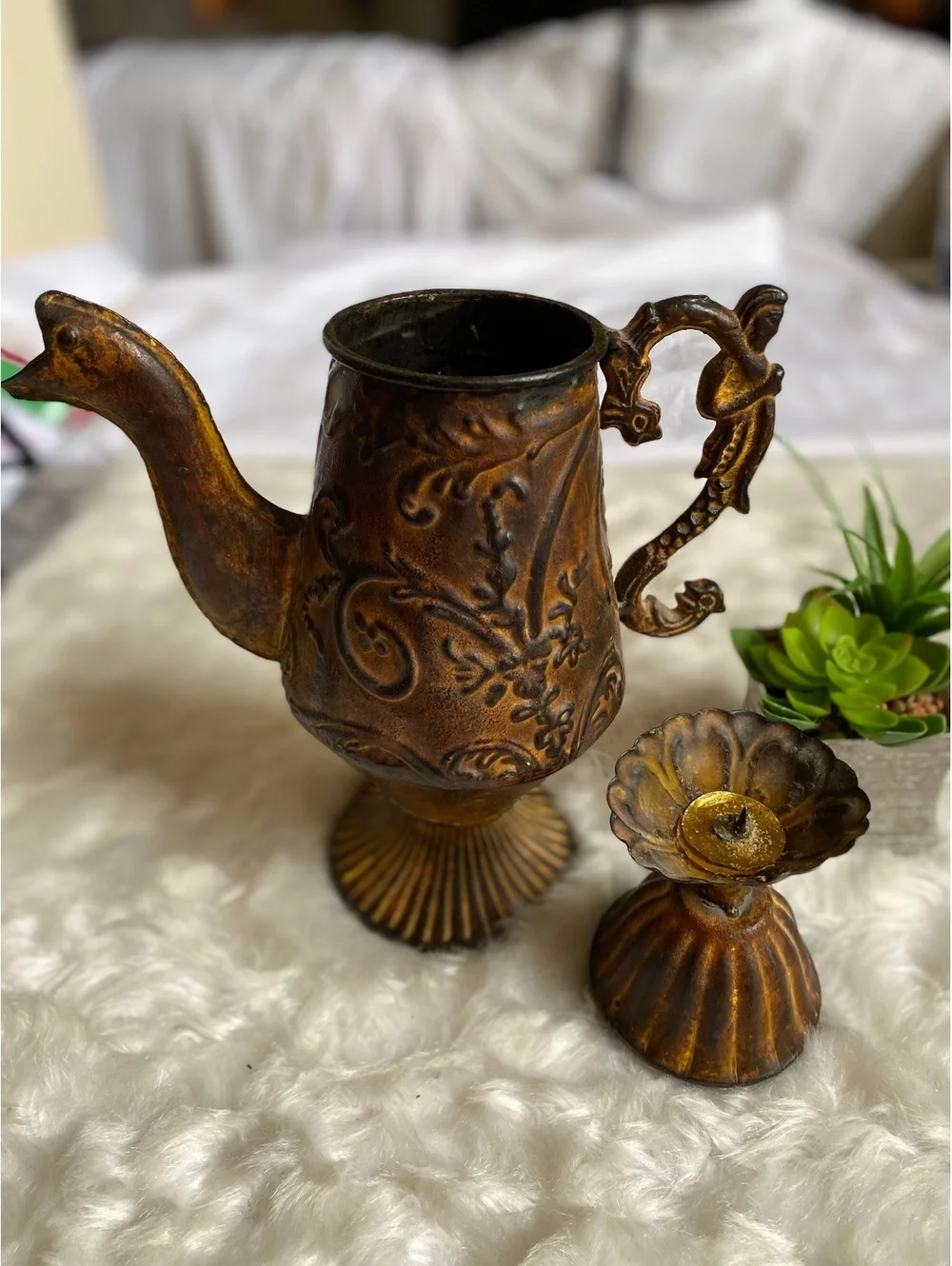 Vintage Ornate Metal Teapot Candle Holder Decorative Handle